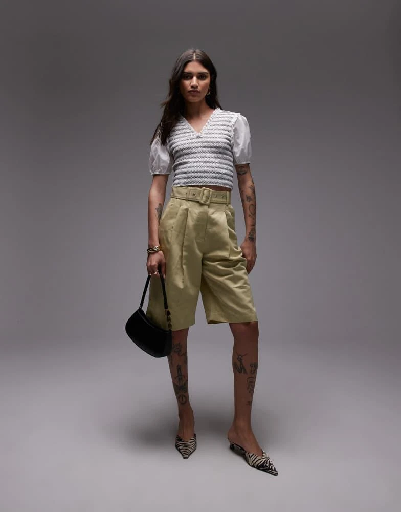 & Other Stories & Other Stories linen blend longline bermuda shorts with belt  in buttermilk yellow 2