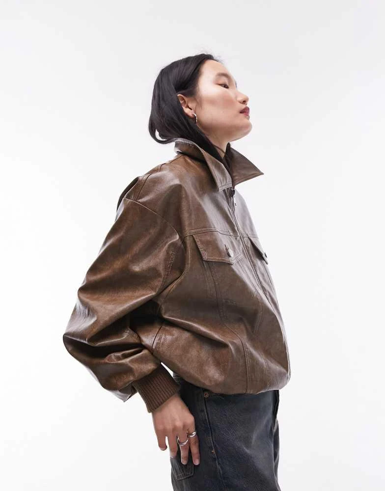 Topshop Topshop faux leather bomber jacket in washed brown 1