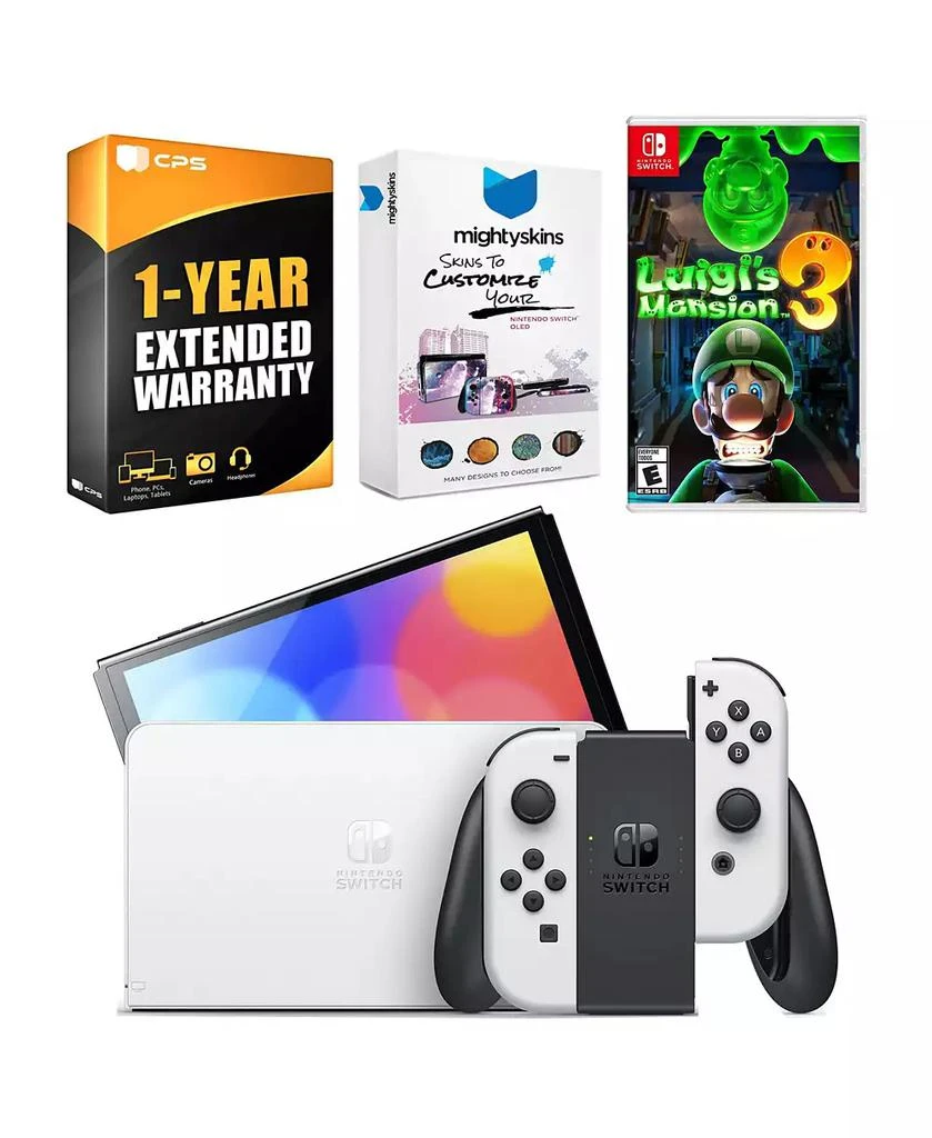 Nintendo Switch White OLED Console with Luigi
s Mansion 3, MightySkins Console and Controller Skin Voucher, and 1 Year CPS Extended Warranty
