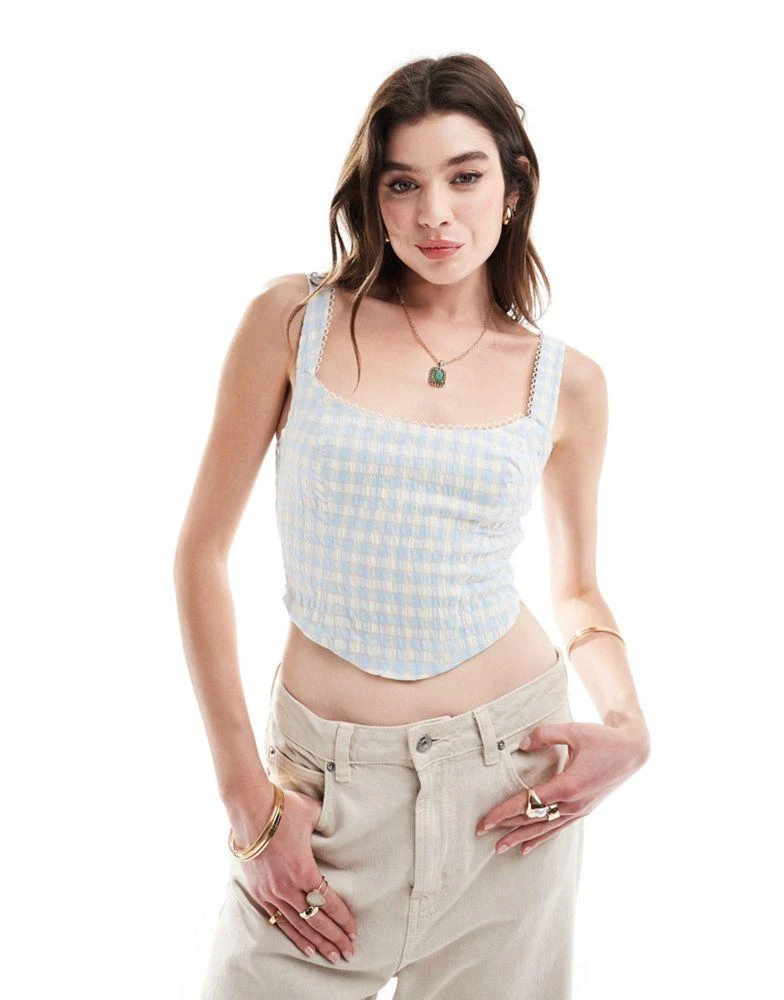 Bershka Bershka milkmaid top in blue & white check 1