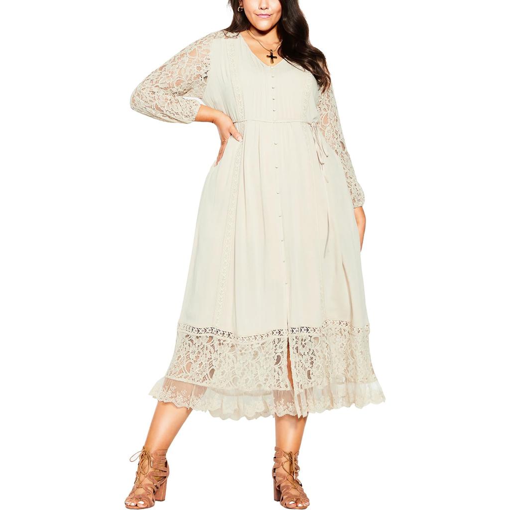 City Chic Plus Womens Lace Inset Long Sleeves Maxi Dress