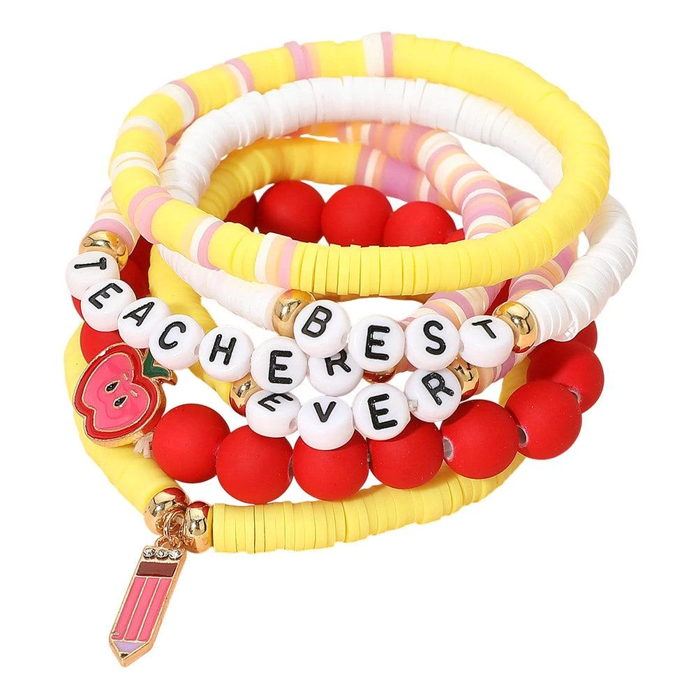 FASHNZFAB 6PCS - BEST TEACHER EVER Message Pencil Apple Charm Heishi Beaded Stretch Multi Layered Bracelets 2