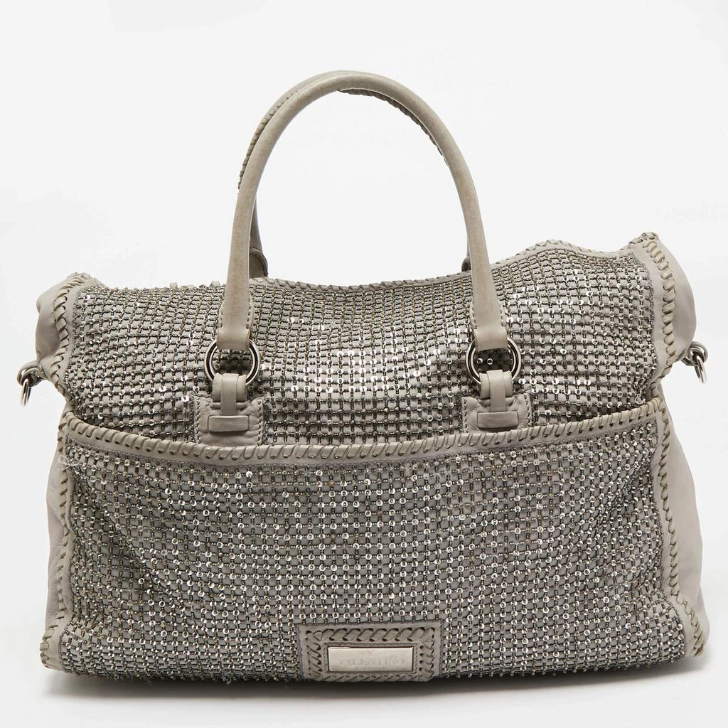 Valentino Valentino Grey Leather, Beads and Sequins Embellished Satchel 4