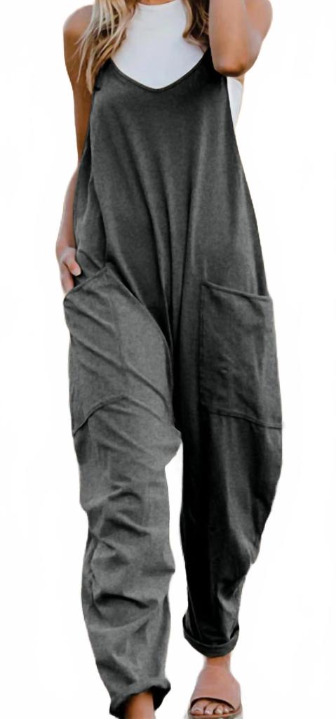Double Take Full Size V-Neck Sleeveless Jumpsuit With Pockets In Gray