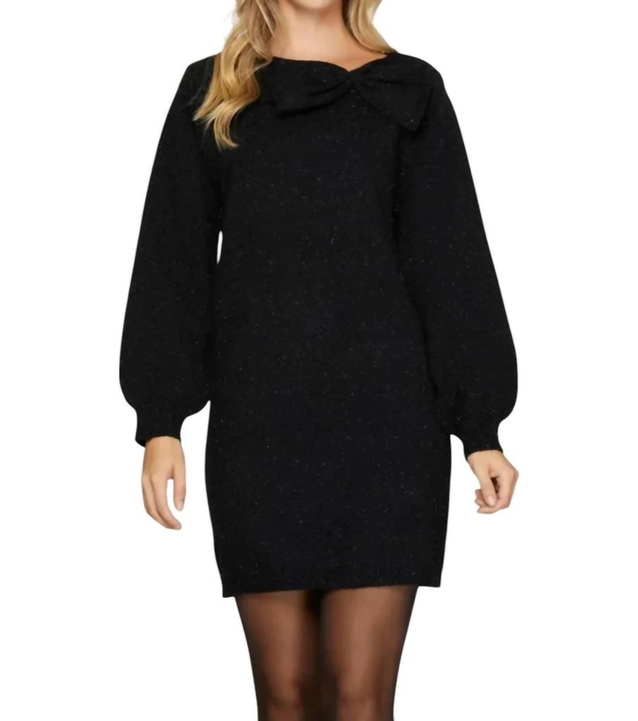 SHE + SKY Metallic Bow Tie Sweater Dress In Black 1