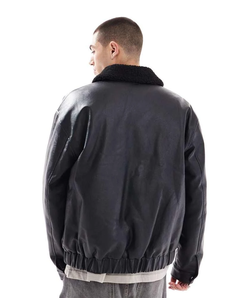 ASOS ASOS DESIGN faux leather wadded harrington jacket with borg collar in black 3
