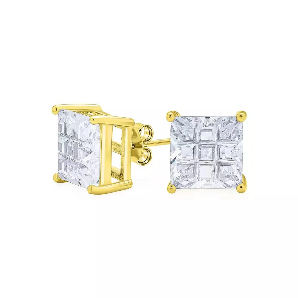 Bling Jewelry Square CZ Cubic Zirconia Invisible Cut Stud Earrings 14K Gold Plated .925 Sterling Silver