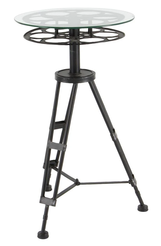 SONOMA SAGE HOME Black Metal Film Reel Accent Table with Tripod Legs and Glass Top 2