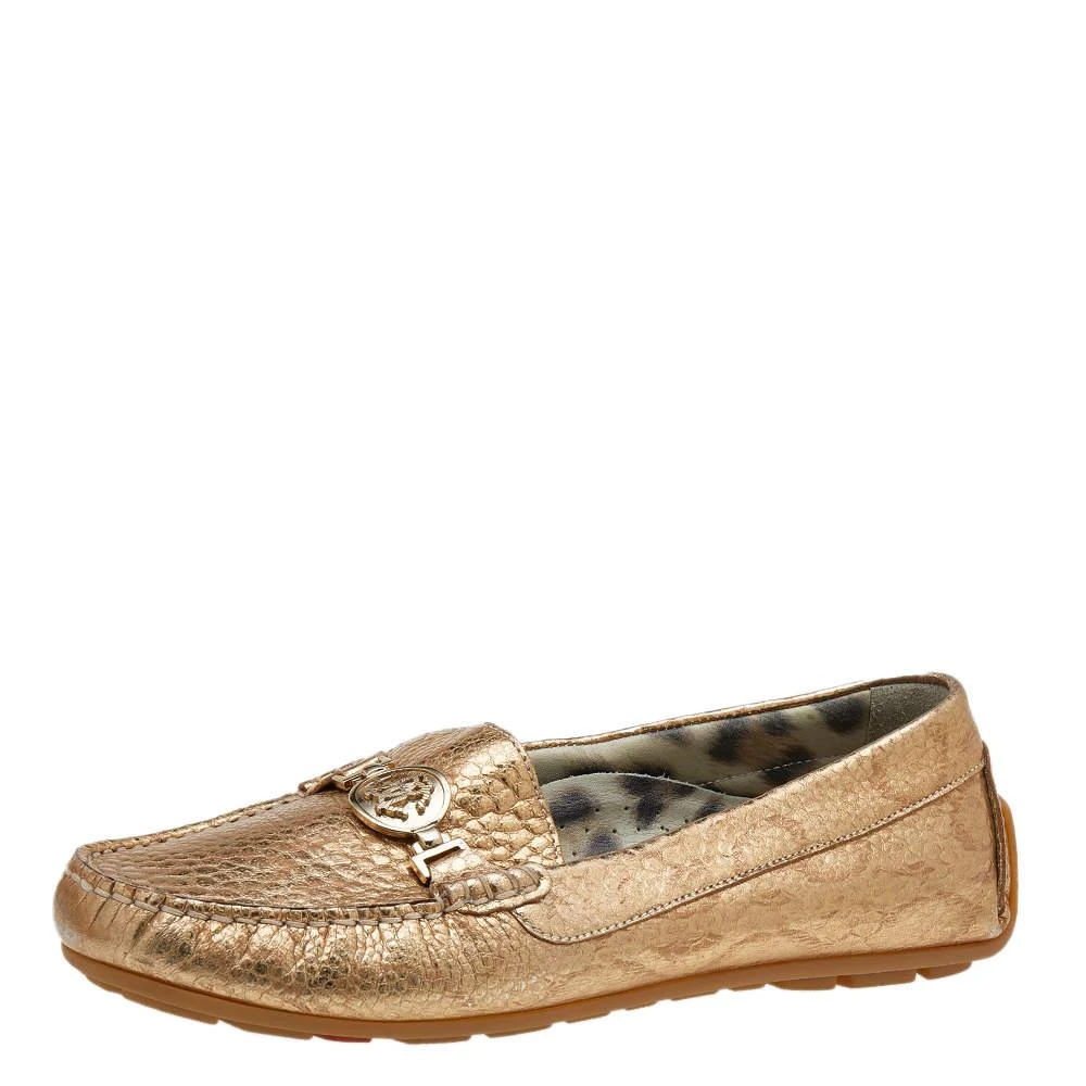 Roberto Cavalli Roberto Cavalli Metallic Gold Iridescent Effect Leather Embellished Slip On Loafers Size 39 1