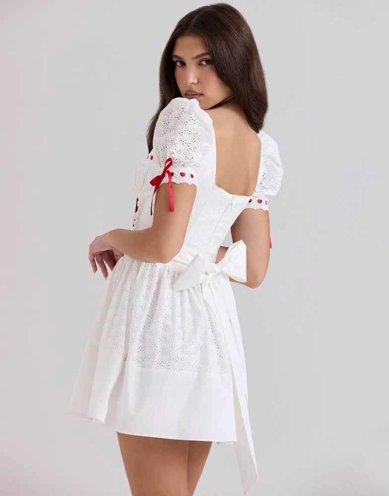 Shop House of CB Jana broderie anglaise puff sleeve mini dress in white on  Sale at BeyondStyle  Get 61% Off House of CB Jana broderie anglaise puff  sleeve mini dress in