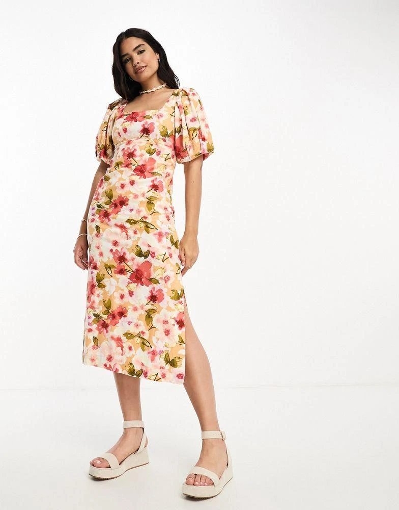 Moon River Moon River square neck puff sleeve midi dress in orange floral 4