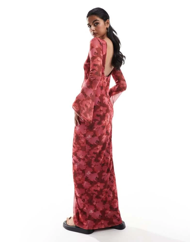ASOS ASOS DESIGN low back floral mesh maxi dress with angel sleeves in red floral print 3