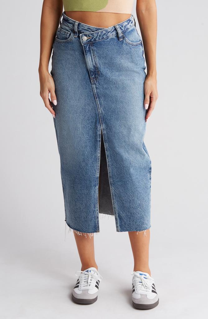 PacSun High Waist Raw Hem Denim Midi Skirt