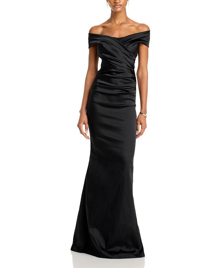 Teri Jon Satin Stretch Off The Shoulder Gown