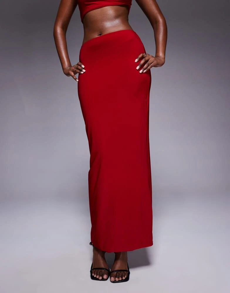 Missyempire Missyempire double layered slinky high waisted maxi skirt co-ord in red 2