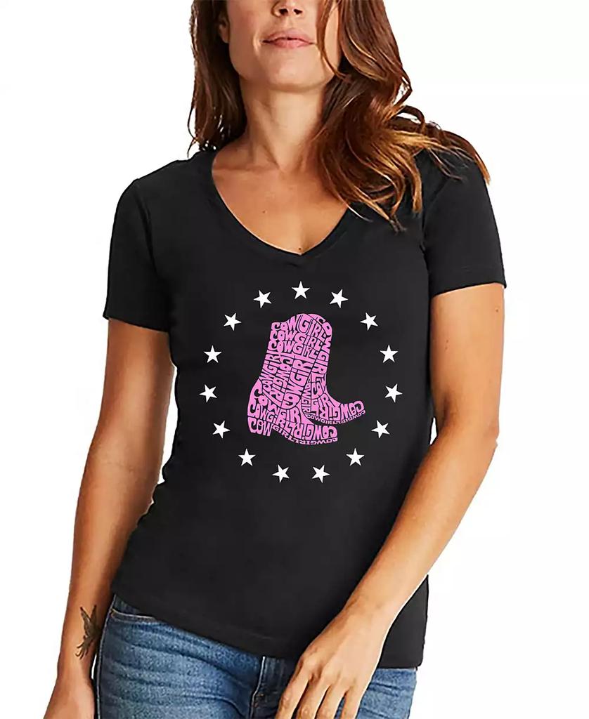 LA Pop Art Women's Cowgirl Boots Word Art V-Neck T-shirt