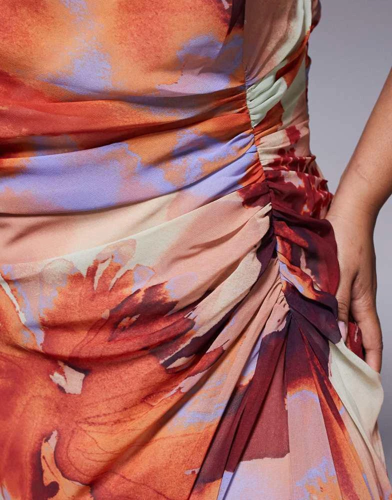 ASOS ASOS DESIGN Curve gathered waist ruffle maxi dress with open back in abstract print 3