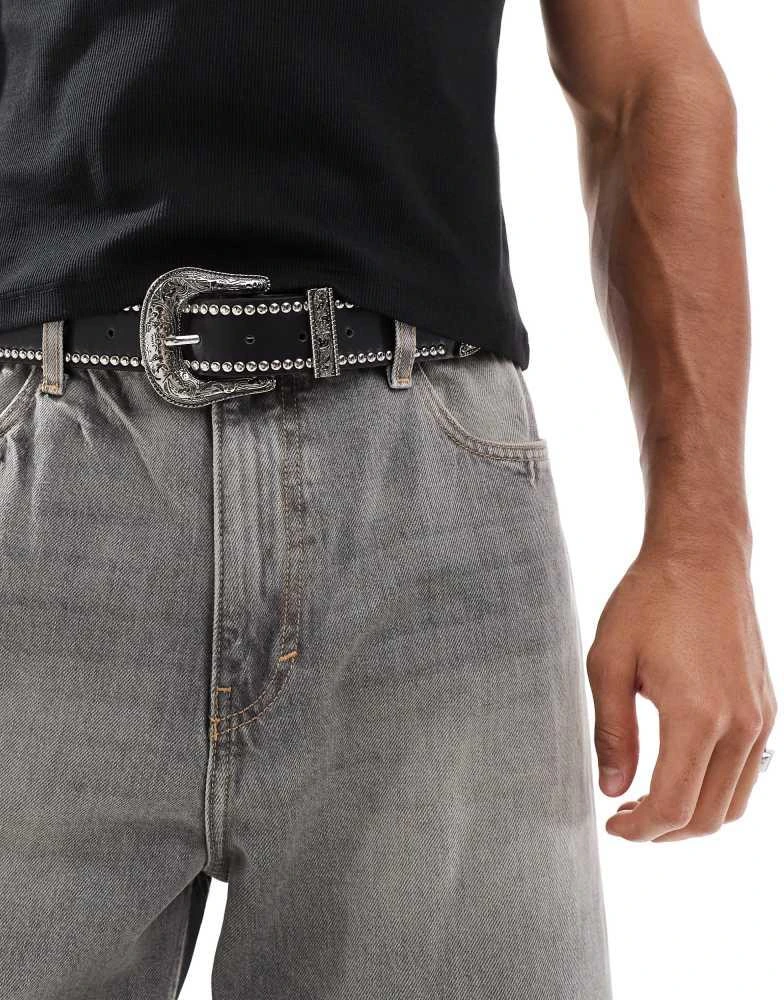 ASOS ASOS DESIGN faux leather  belt with western buckle and stud detail in black 4