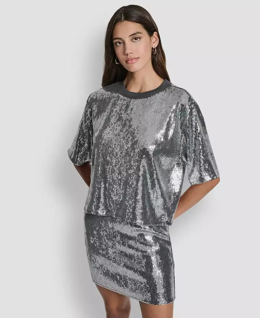DKNY Women's Sequins Crewneck Boxy Short-Sleeve Relaxed T-Shirt