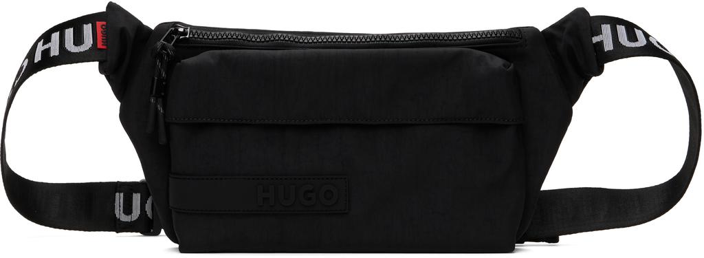 HUGO BOSS｜ (Matte-twill belt bag with double flap pocke HUGO - Matte-twill belt bag with double flap pockets - Black