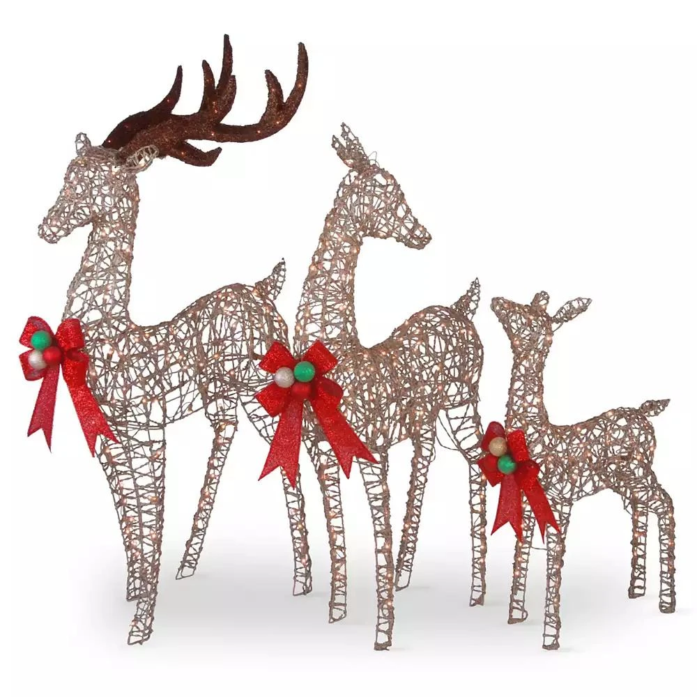 National Tree Company 60", 52" & 36" Champagne Glittered Deer Family of 3 with Clear Lights 1