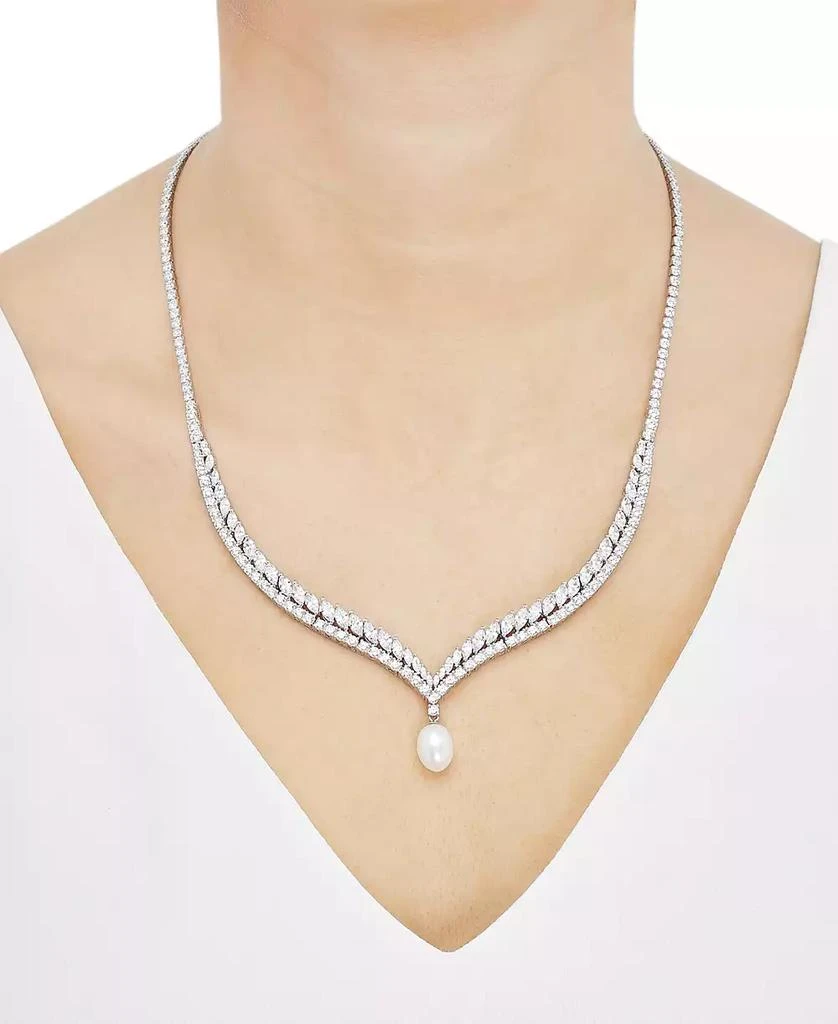 Arabella Cultured Freshwater Pearl (9x11mm) & Cubic Zirconia 17" Collar Necklace in Sterling Silver 2