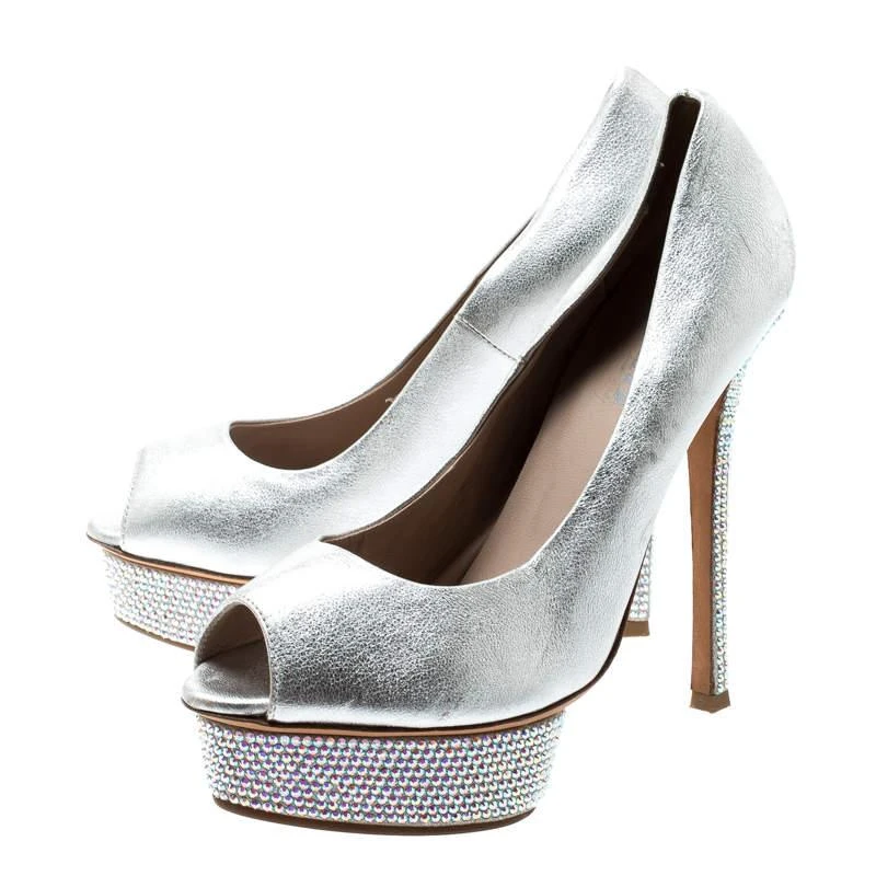 LE SILLA Le Silla Metallic Silver Leather Crystal Embellished Platform Peep Toe Pumps Size 38 4