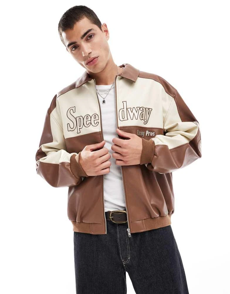 ASOS ASOS DESIGN faux leather oversized motocross jacket in tan 1