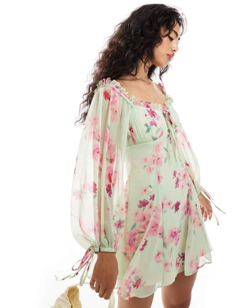 ASOS ASOS DESIGN frill neck long sleeve full godet skirt mini dress in watercolour floral 3