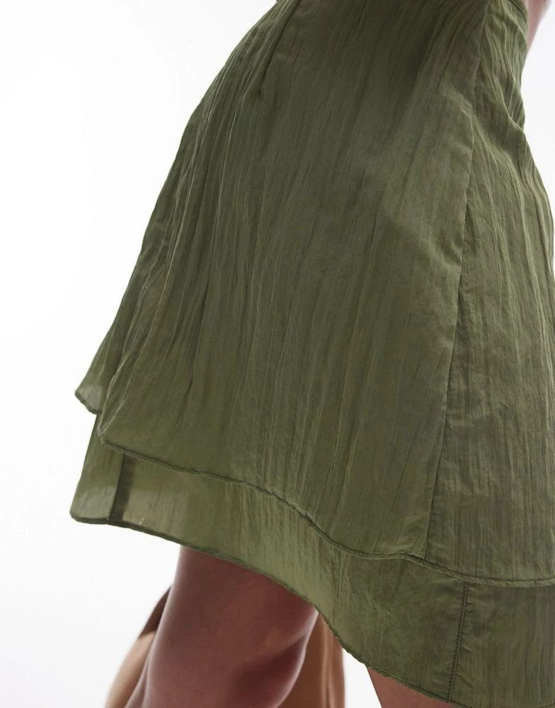 Topshop Topshop layered mini skirt with bow in green crinkle 3