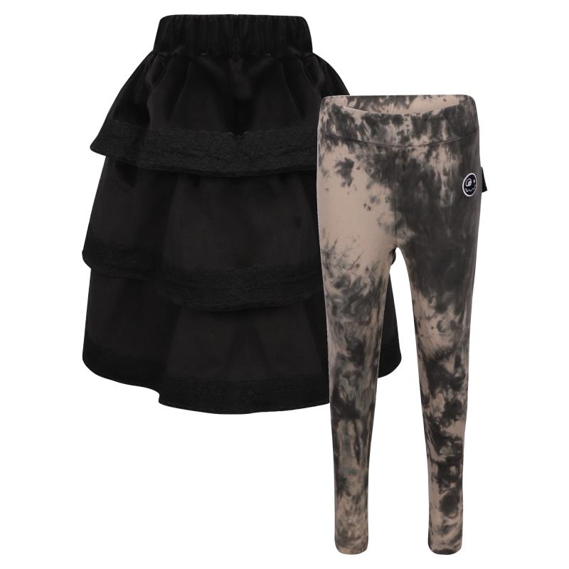 Loud Apparel Lace detailing tiered midi skirt and tie dye leggings set in black and taupe