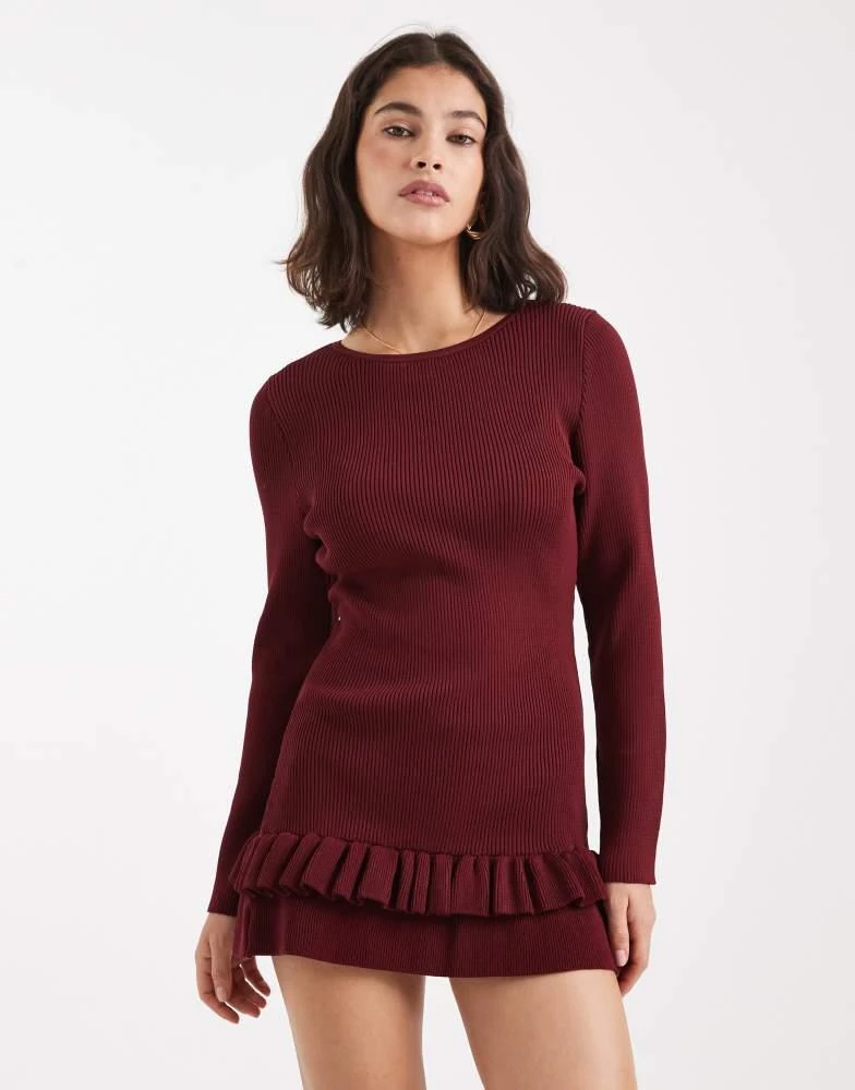 Miss Selfridge drop waist knit dress in burgundy-Red