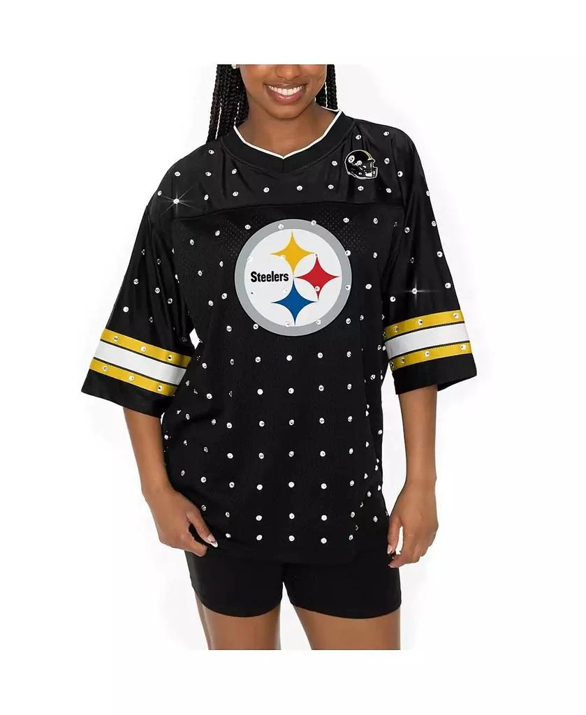 Gameday Couture Women's Black Pittsburgh Steelers Kickoff Time Allover Rhinestone Sports Stripe Jersey V-Neck T-Shirt 1