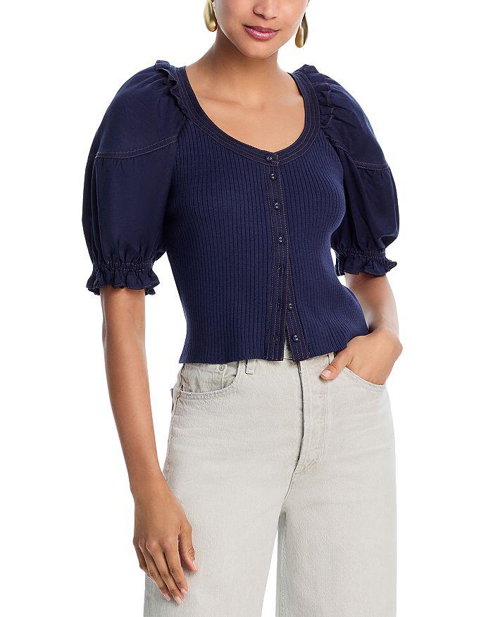 AQUA Mixed Media Puff Sleeve Top - Exclusive