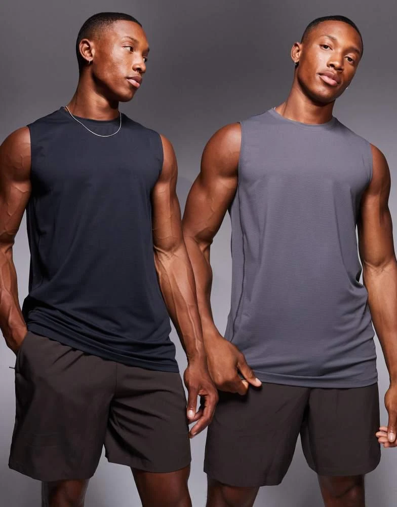 ASOS 4505 Icon training sleeveless tank with quick dry 2 pack in black and charcoal 1