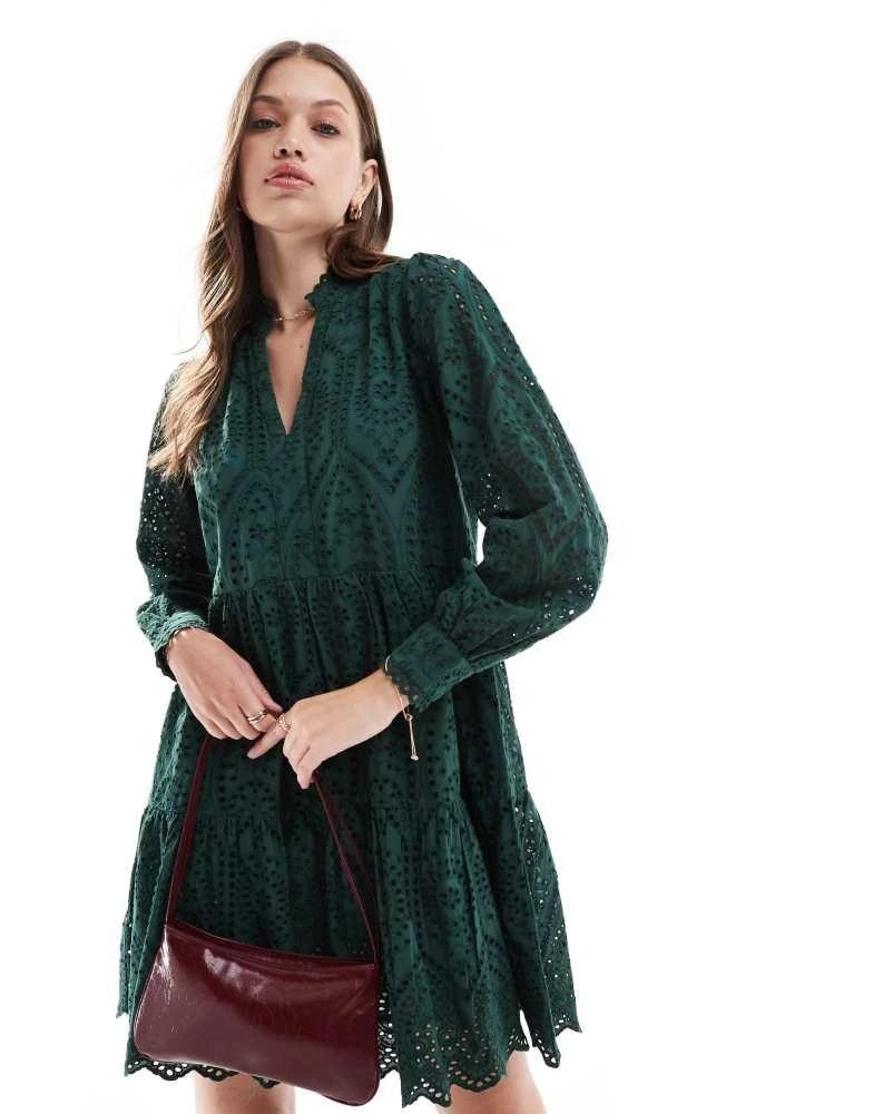 YAS YAS broderie mini smock dress in deep green - DGREEN 2