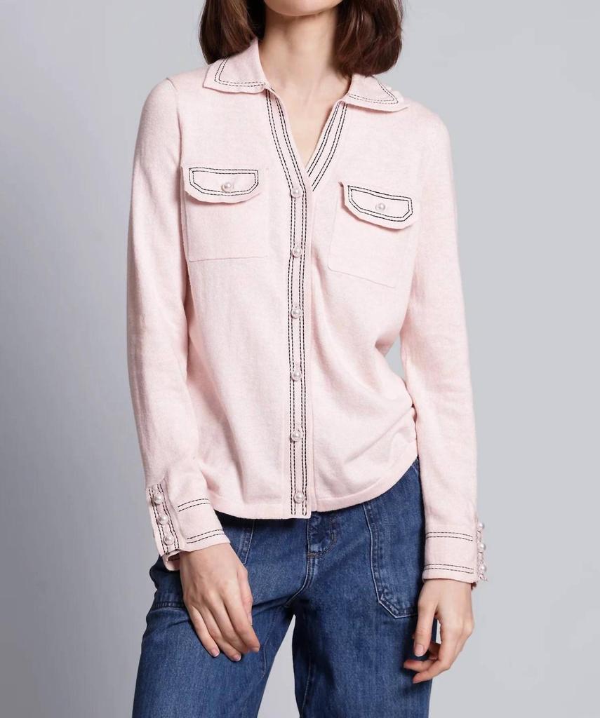 Minnie Rose Minnie Rose - Cotton Cashmere Pearl Button Shirt with Stitching