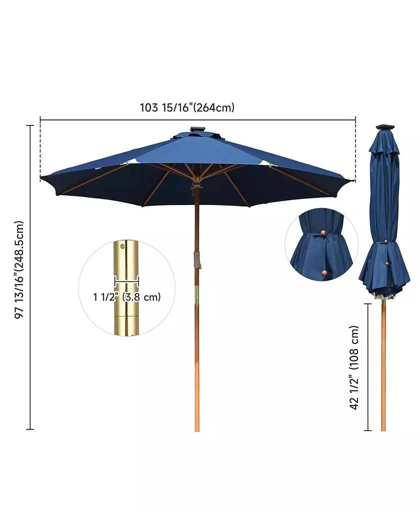 LAGarden Boho 32 LED 9Ft Wood Market Patio Umbrella with Solar Lights for Bar Hotel Resort Alfresco Dining Rooftop Restauran Navy Blue 8