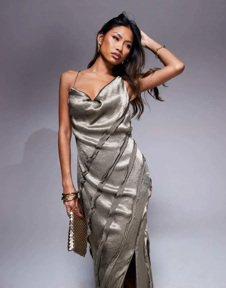 ASOS ASOS DESIGN cowl panelled satin maxi dress in mink 1