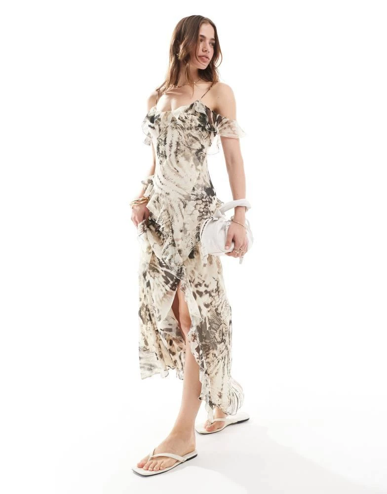 Mango Mango mixed animal bardot midi dress in grey 2