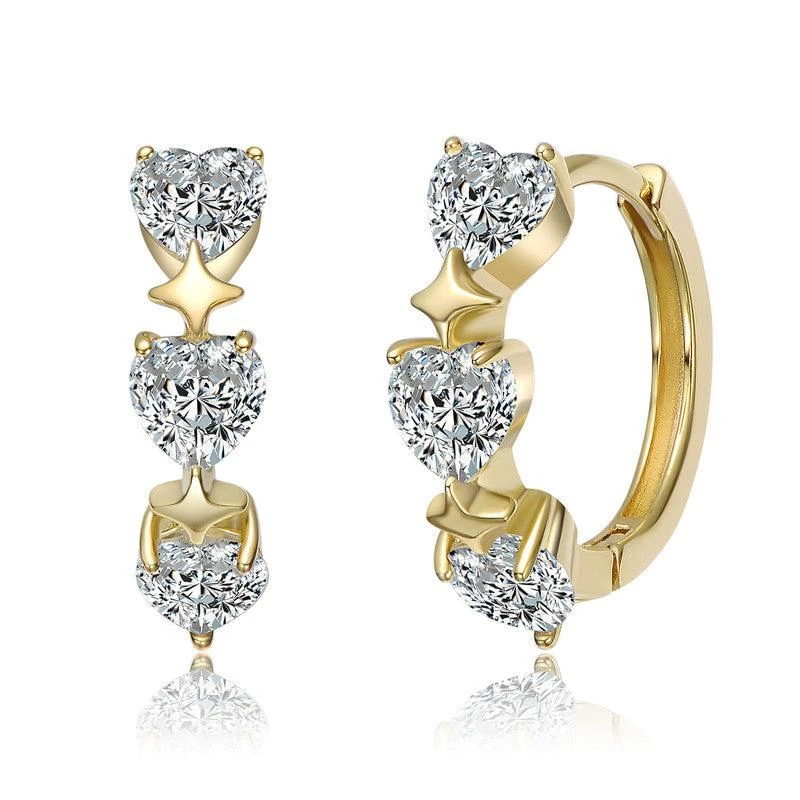 Genevive Sterling Silver 14K Gold Plated with Clear Cubic Zirconia Trio Hearts Hoop Earrings