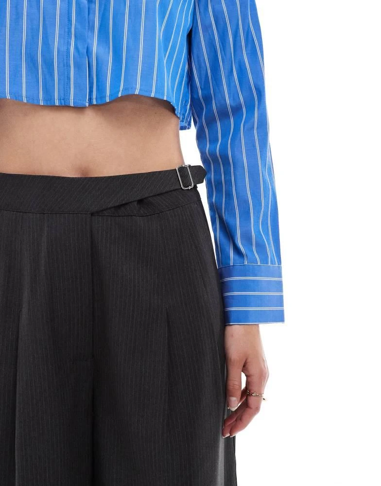 ASOS ASOS DESIGN Tall tailored wide leg trouser with asymmetric buckle detail in grey stripe 3
