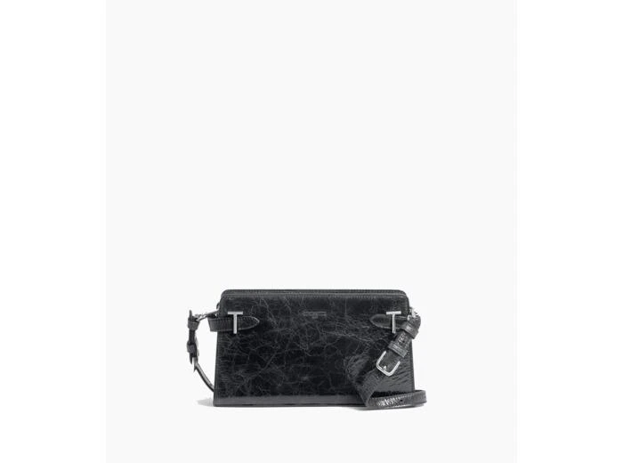 Sac Bandoulière En Cuir Froissé Noir - Création Artisanale - Neuf Sans étiquettes - Fermeture éclair