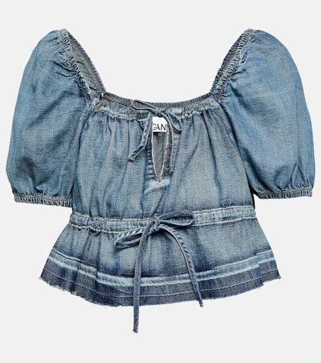 Ganni Puff-sleeve denim crop top 1