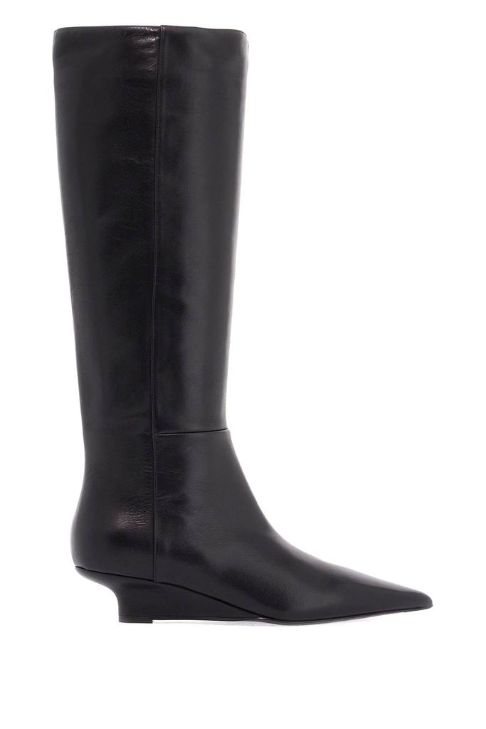 Totême black leather knee-high boots with low heel and pointed toe