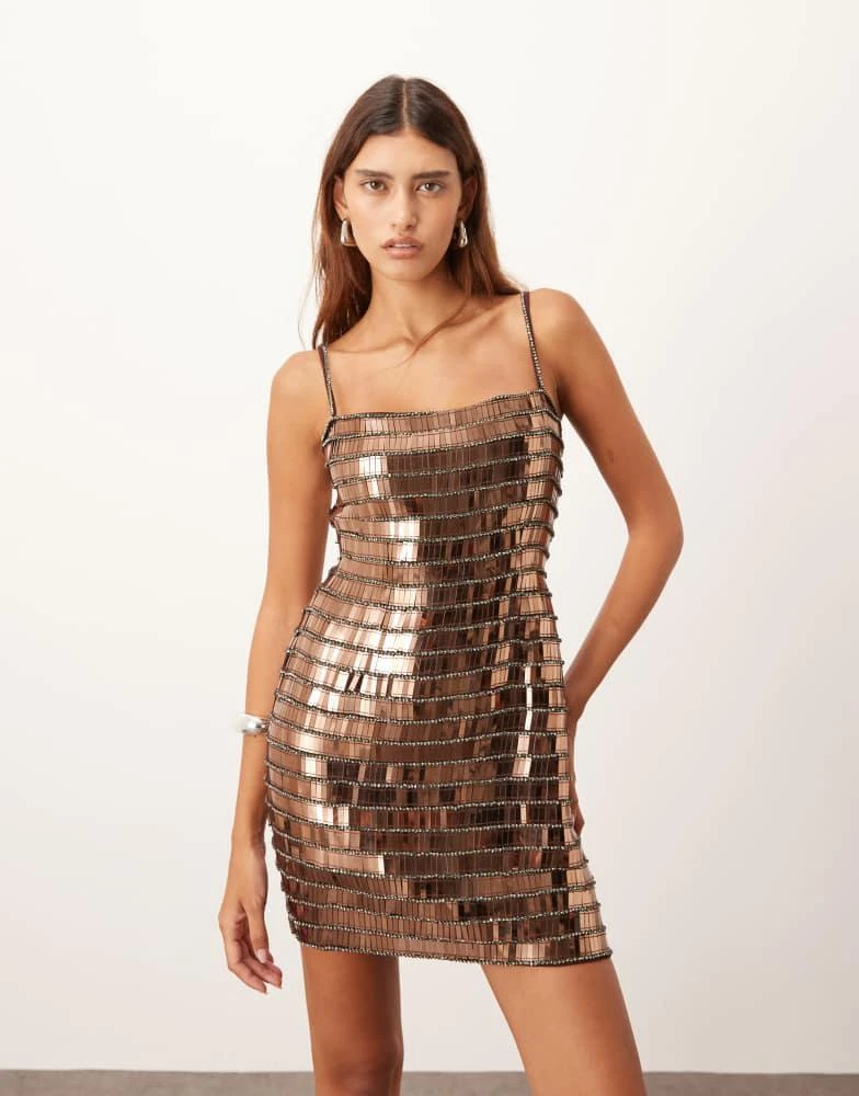 ARRANGE linear encrusted cami mini dress in chocolate-Brown