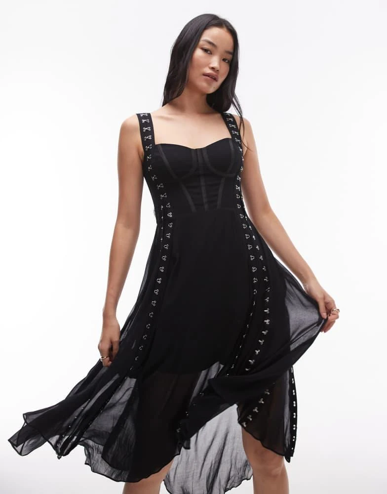 ALL SAINTS AllSaints Luna corset mesh midi dress in black 1