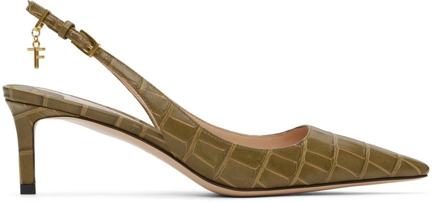 Tom Ford Khaki 55mm Stamped Croc Slingback Heels 1