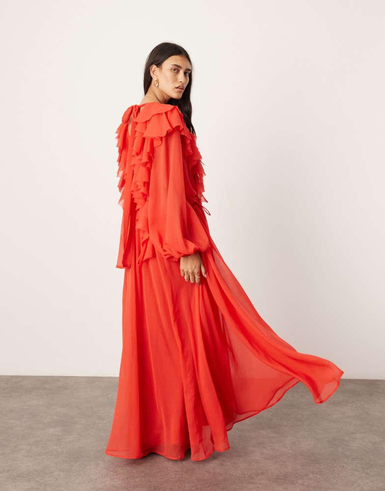 ASOS EDITION chiffon raw edge ruffle maxi dress with drawstring waist in red Red UK 8