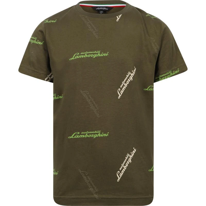 AUTOMOBILI LAMBORGHINI Colorful logo all over t shirt in khaki green 1